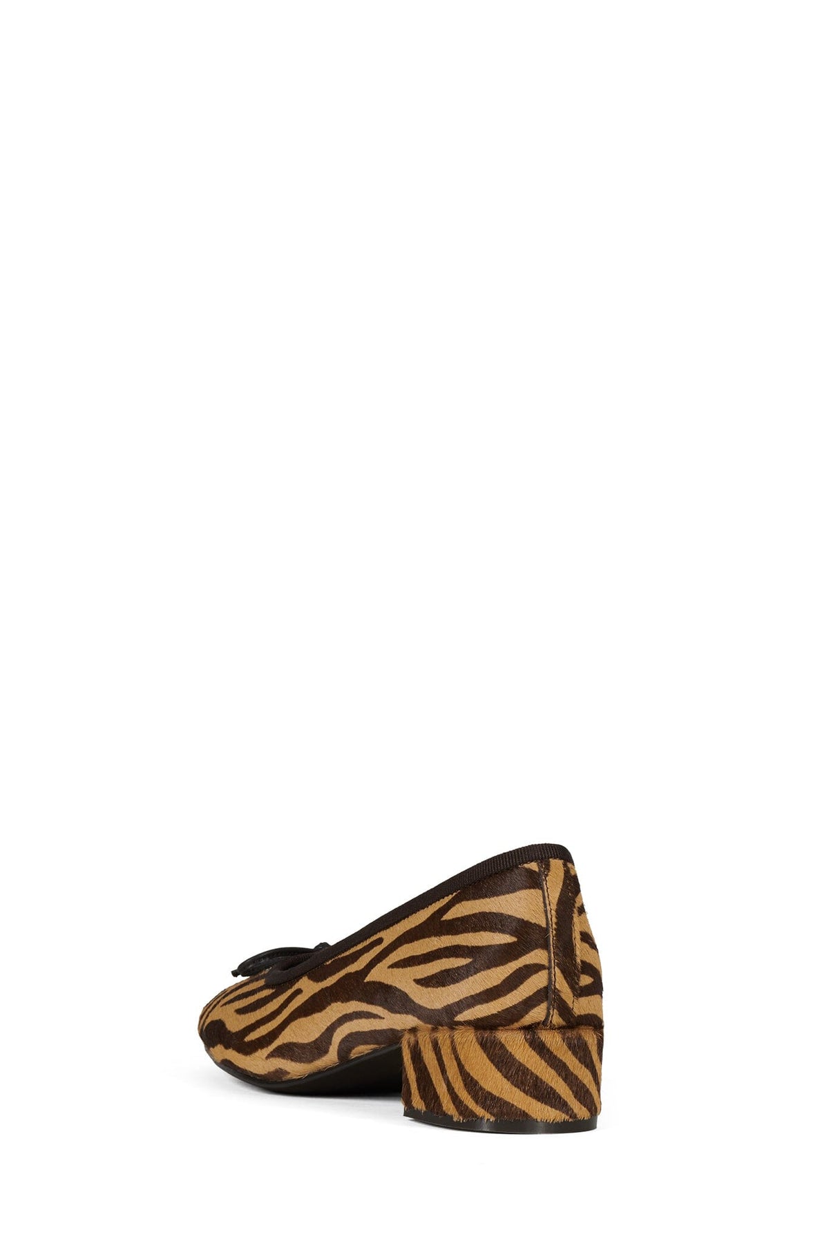 Brown and black animal print pointed toe shoe with a chunky block heel and black decorative ties across the upper