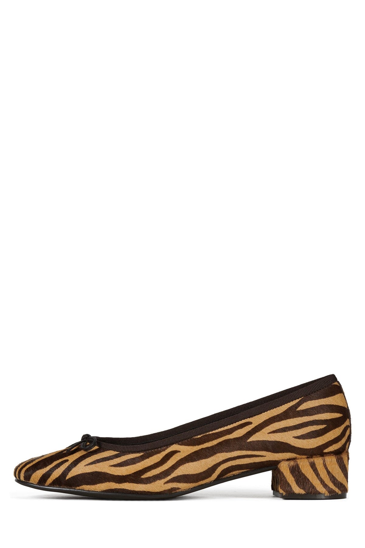 Brown and black zebra print pointed toe shoe with black trim, curved vamp, and low sculpted block heel