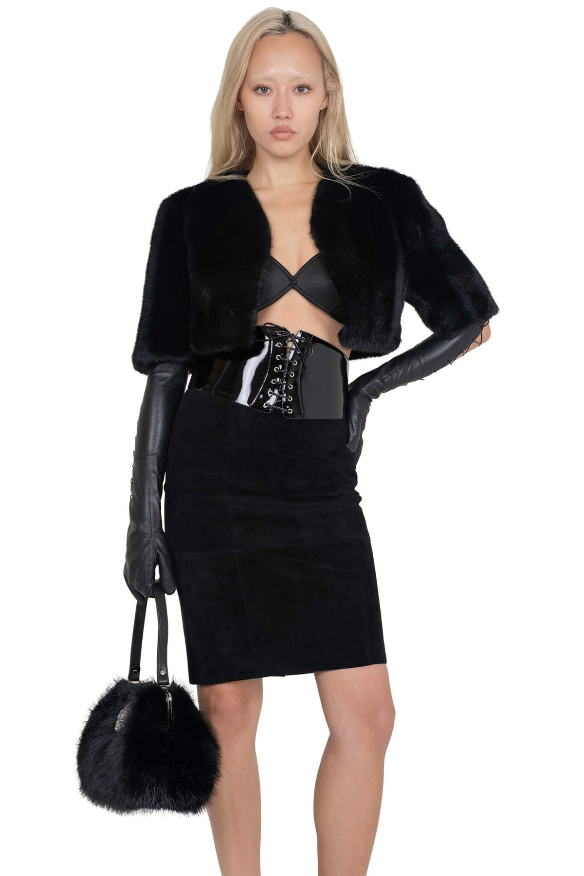 ALYSA-F TOP Cropped Fur-Faux Top Black