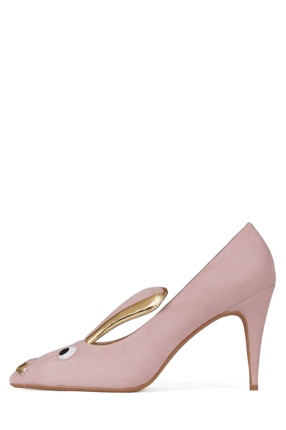 Pink pointed toe stiletto pump with a playful eye detail and elongated gold oval embellishment on the upper