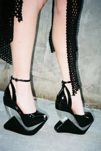 CELESTIAN Jeffrey Campbell Platform Wedge Sandal Black Patent