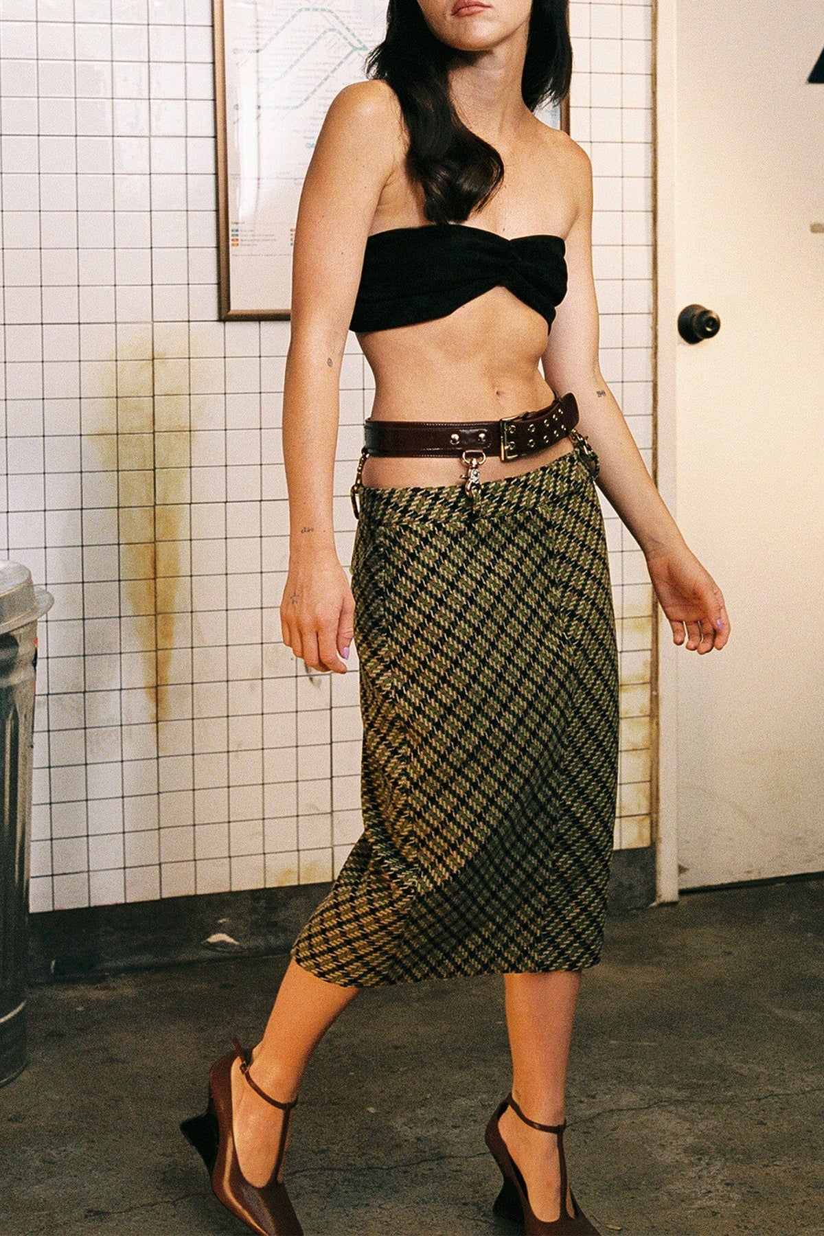 DELPHY SKIRT Jeffrey Campbell Midi Skirt Green Plaid Tweed
