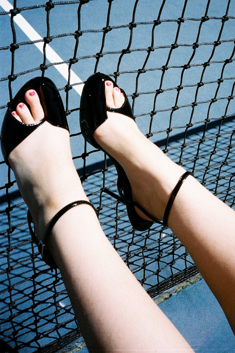 FONTAINE Jeffrey Campbell Stiletto Sandal Black Patent