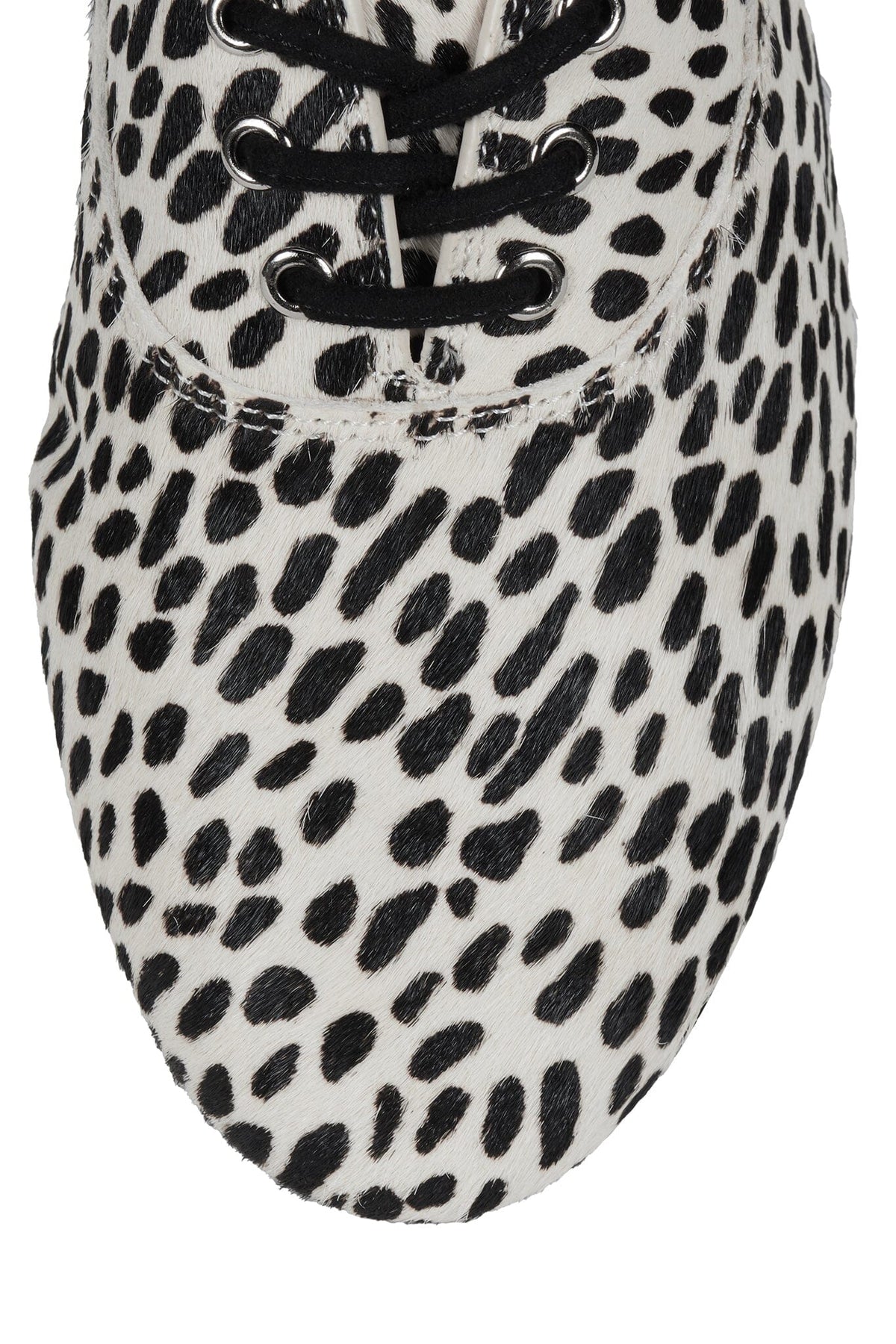 Leopard print shoe toe with black laces, polished metal eyelets, rounded toe, and a textured spotted upper by ST