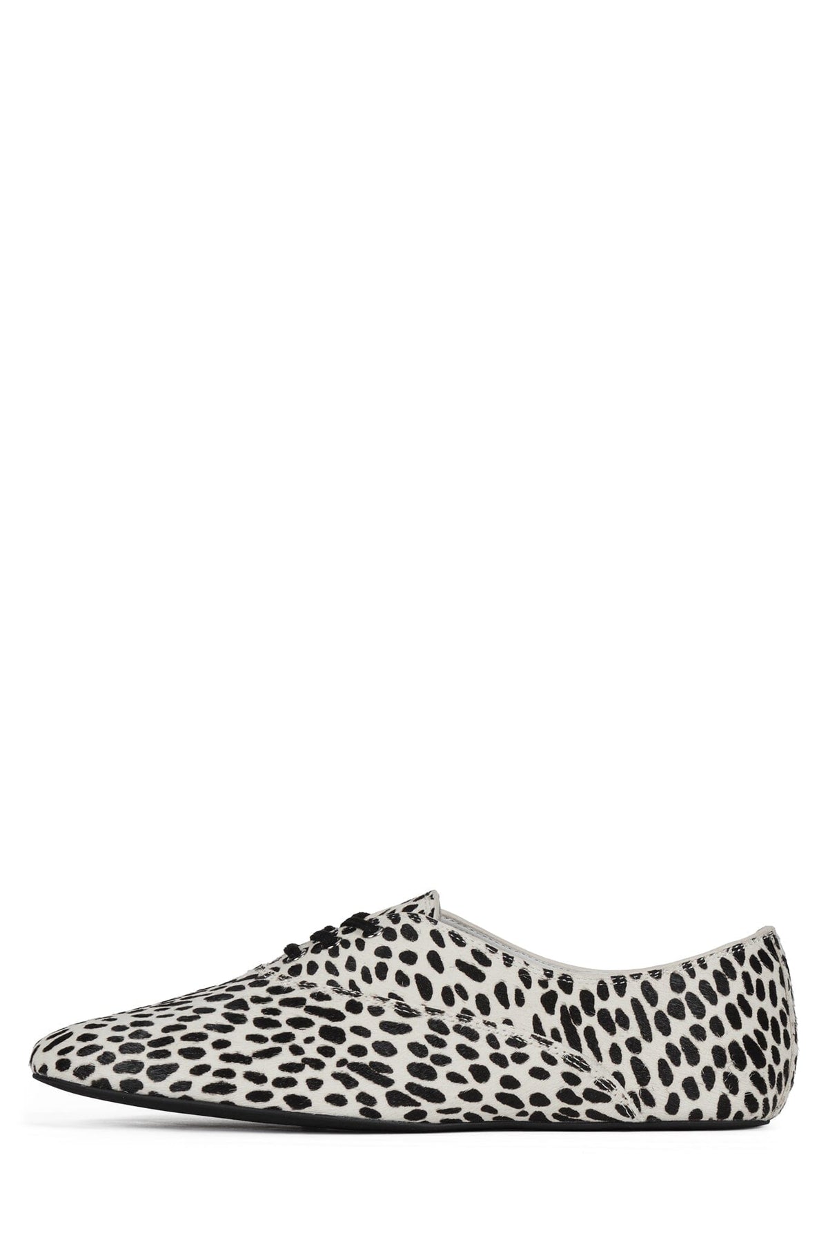 Leopard print pointed toe flat shoe with a low heel, closed back, and sleek slip on silhouette.