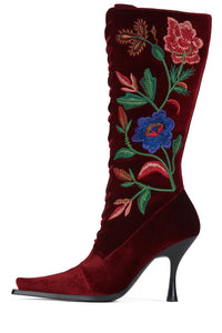 JOYEUX Jeffrey Campbell Knee-High Boot Wine Velvet Floral Multi
