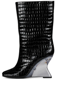MALINA Jeffrey Campbell Wedge Boot Black Patent Croco