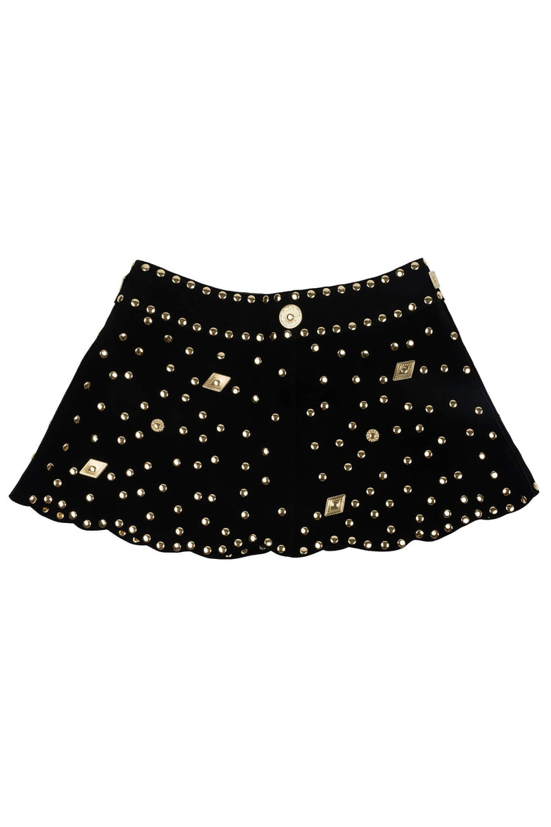 MARQUEE Jeffrey Campbell Mini Skirt Black Suede Gold 