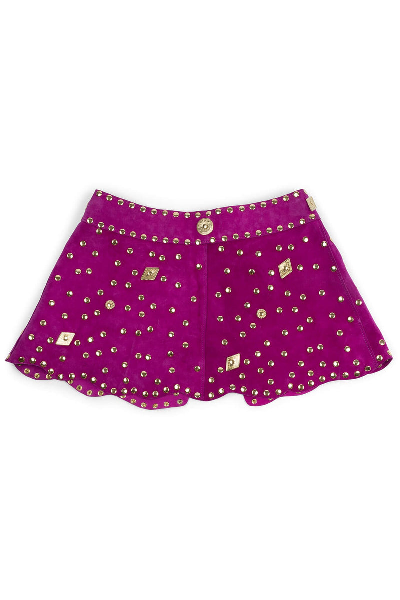 MARQUEE Jeffrey Campbell Mini Skirt Fuchsia Suede Gold