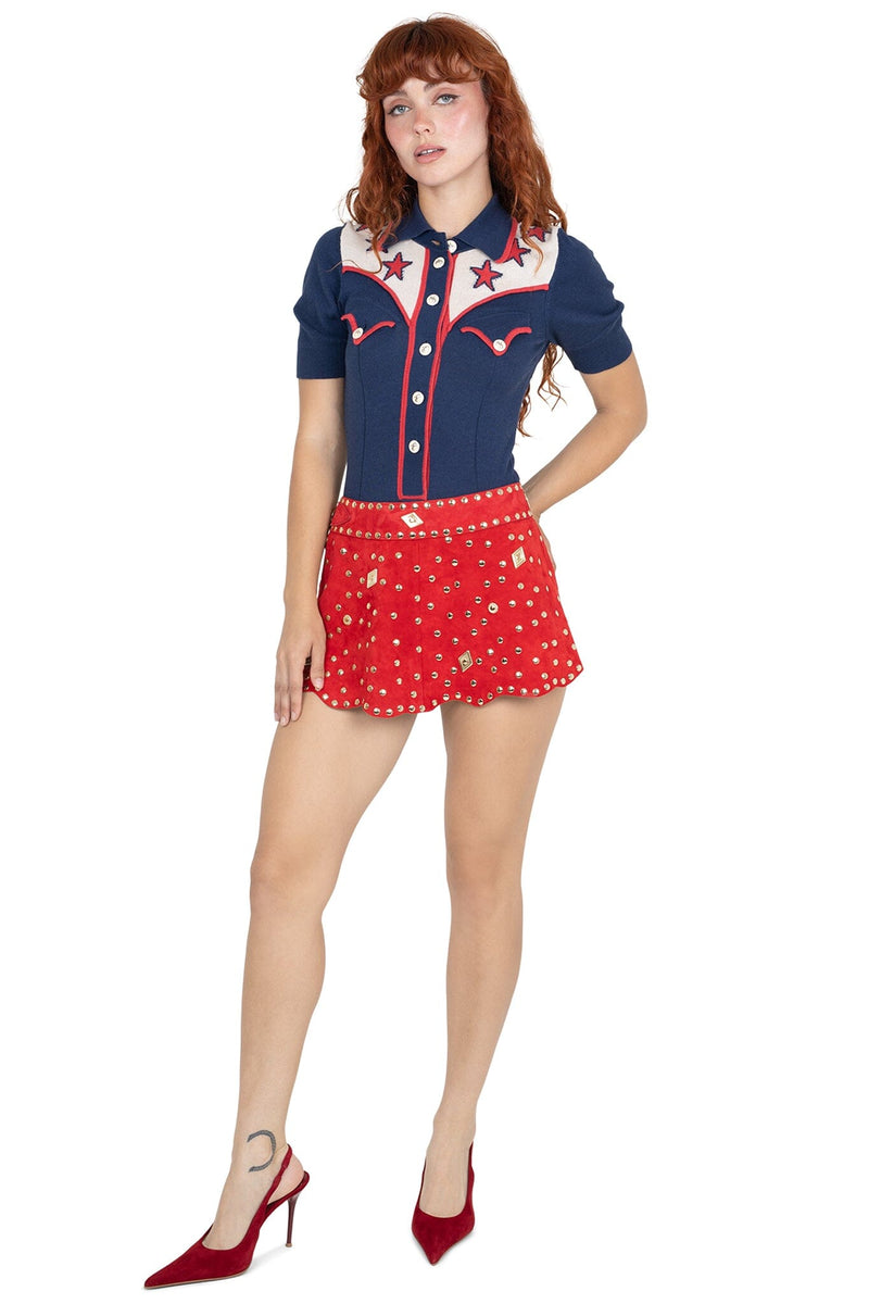 MARQUEE Jeffrey Campbell Mini Skirt Red Suede Gold_hover