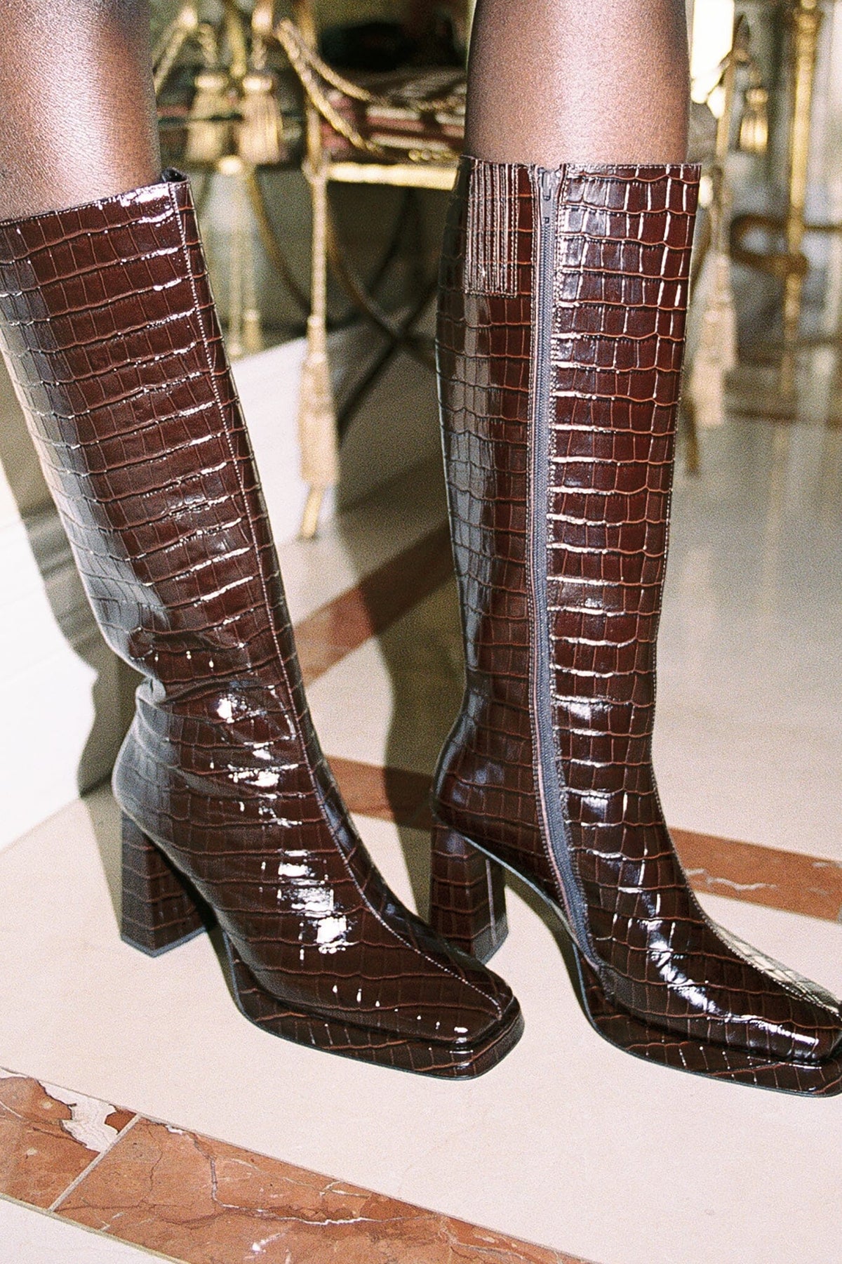 MAXIMAL-3 Jeffrey Campbell Knee-High Boot Brown Croco
