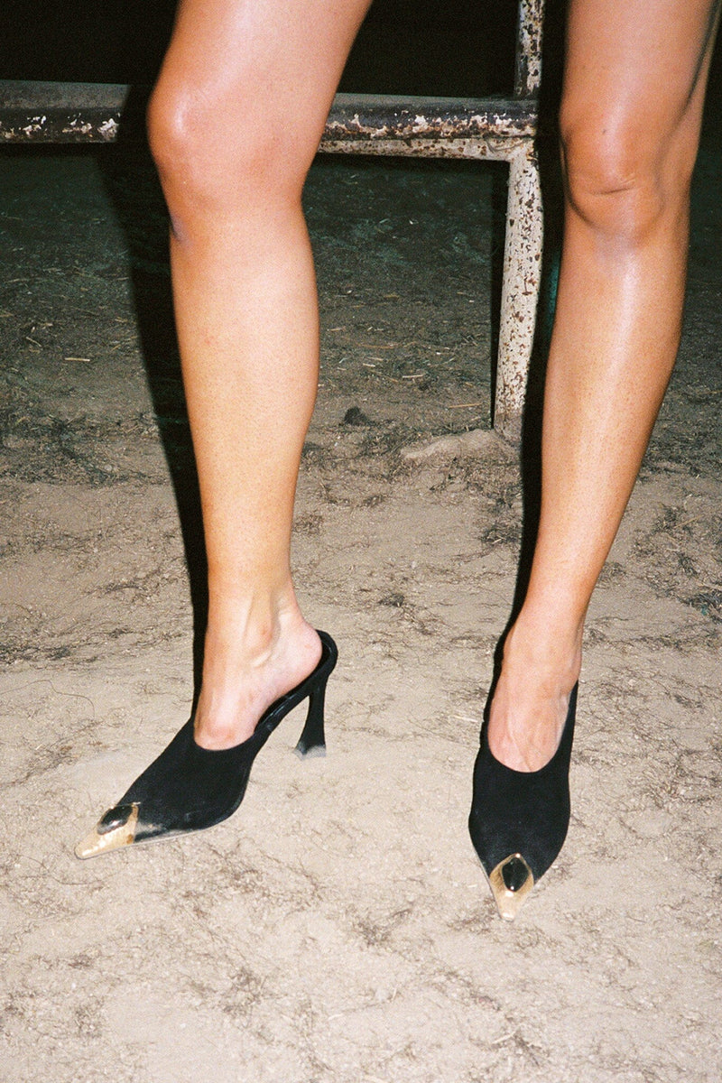 NAIAD Jeffrey Campbell Heeled Mule Black Suede Gold Black
_hover