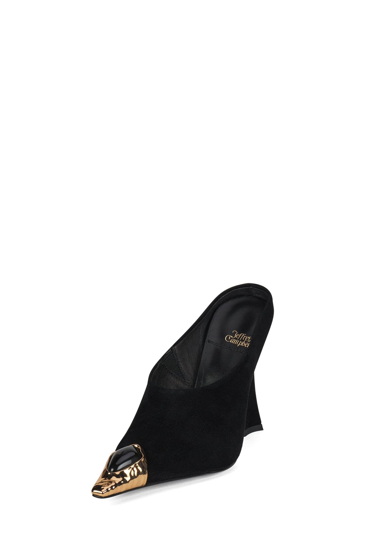 NAIAD Jeffrey Campbell Heeled Mule Black Suede Gold Black