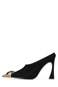 NAIAD Jeffrey Campbell Heeled Mule Black Suede Gold Black