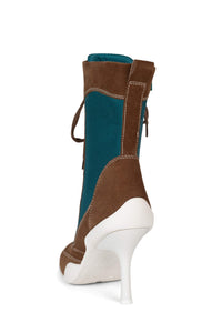 OUT-BOX Jeffrey Campbell Heeled Booties Tan Suede Teal Mesh