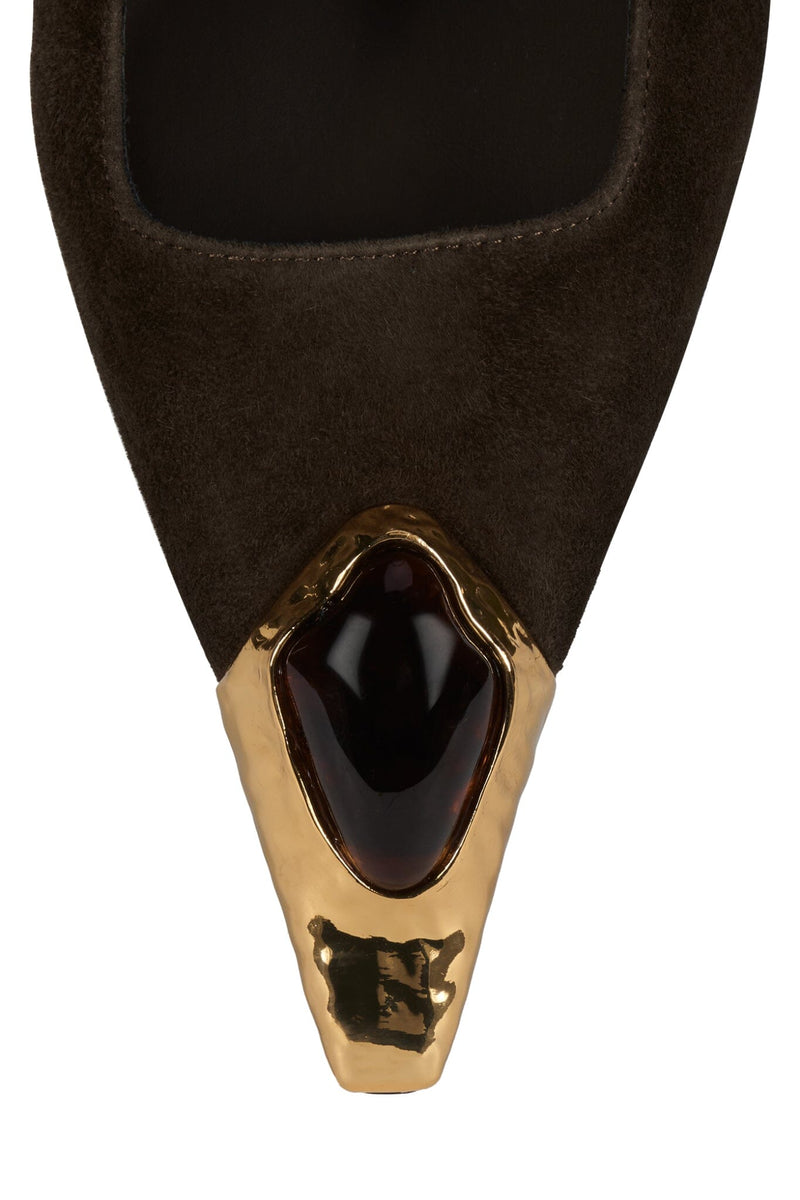 SORCERER Jeffrey Campbell Slingback Heels Brown Suede Gold Brown
