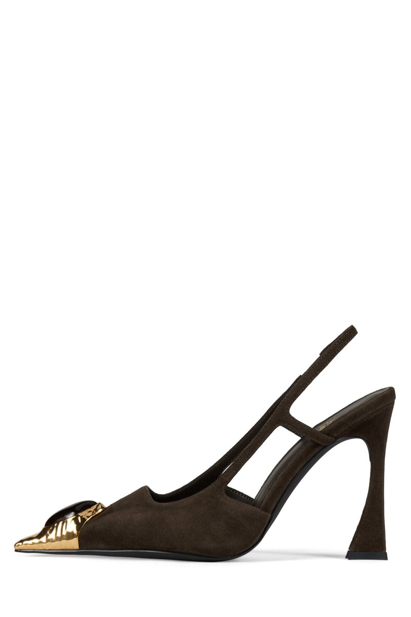 SORCERER Jeffrey Campbell Slingback Heels Brown Suede Gold Brown